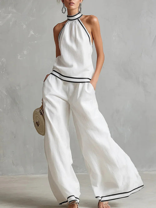 Conjunto de chaleco sin mangas con ribete en contraste y pantalón de pierna ancha.