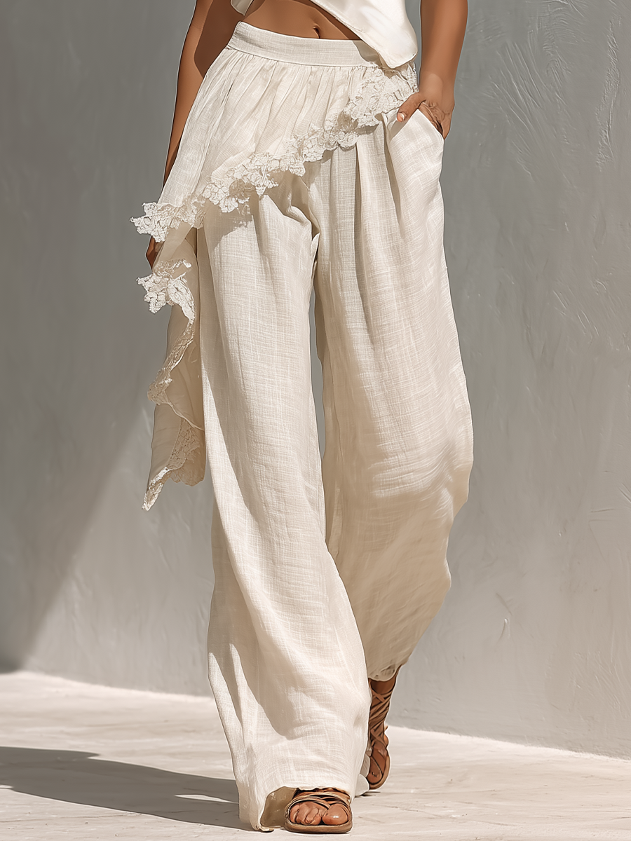 Linen One Shoulder Crop Top & Wide Leg Pants Set with Lace Trim