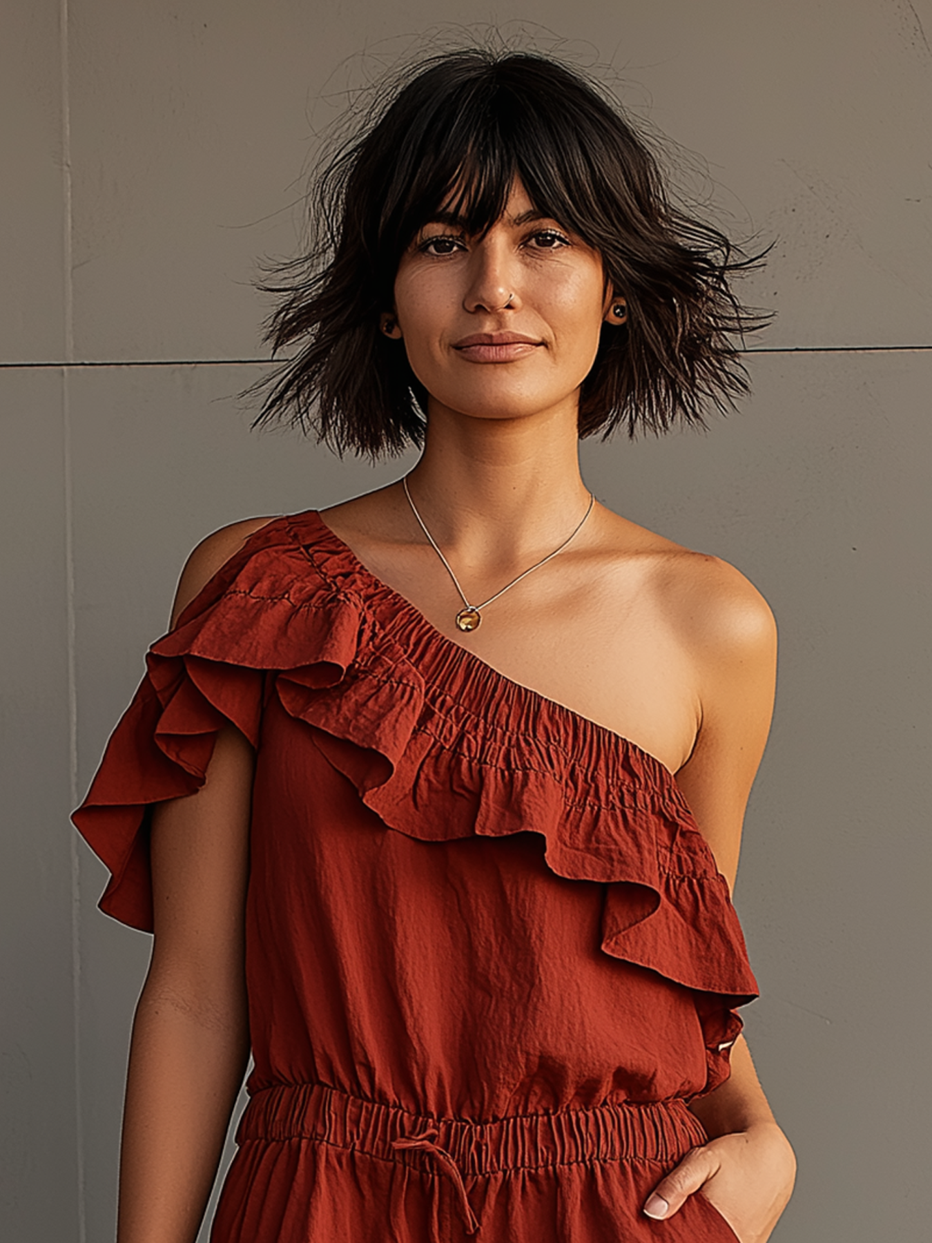 Linen One Shoulder Ruffle Romper for Women Summer Casual Boho Style Short Jumpsuit with Elastic Waist and Pockets
