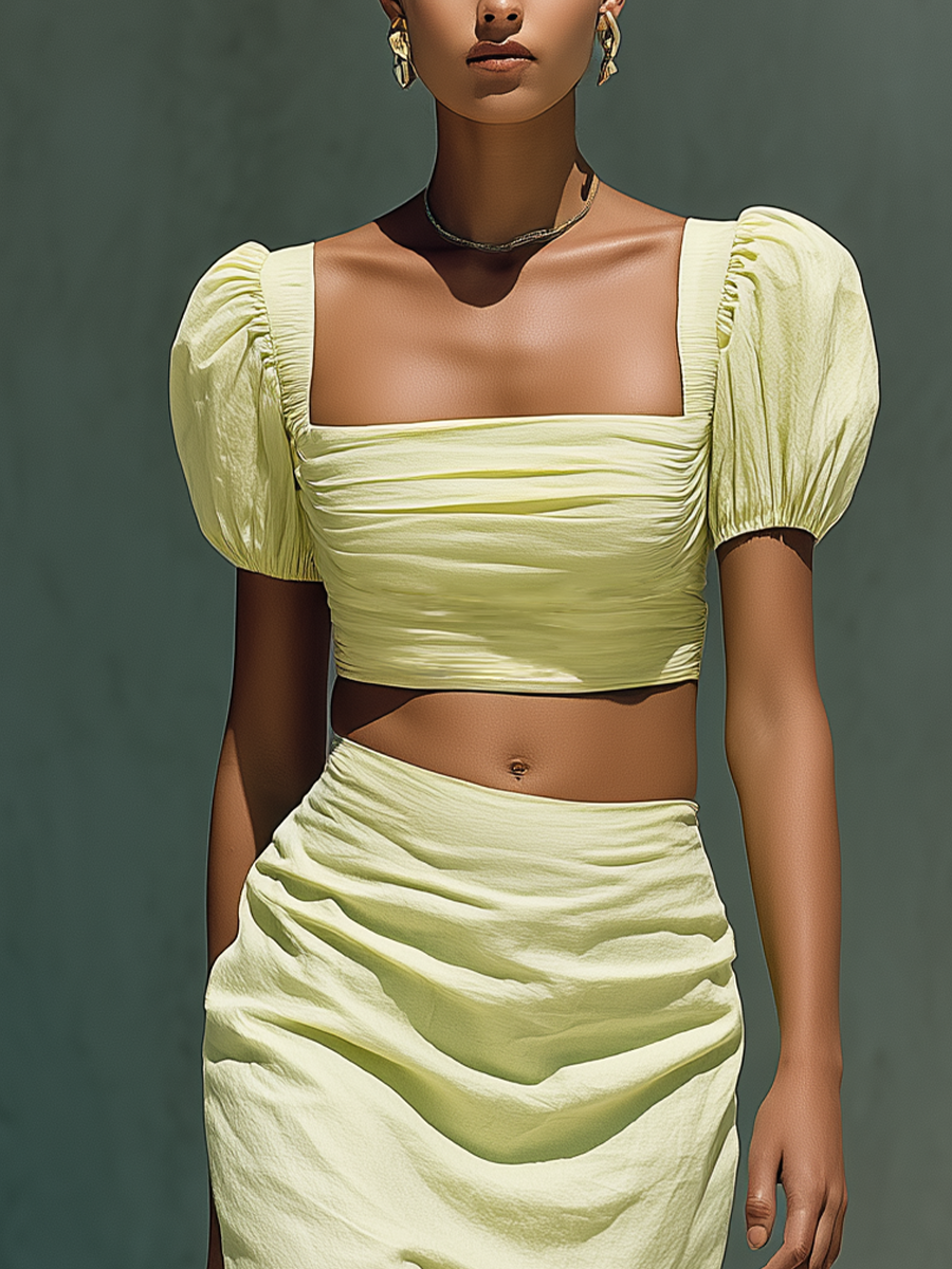 Lightweight Linen Two-Piece Set with Puff Sleeve Crop Top and Draped Midi Skirt