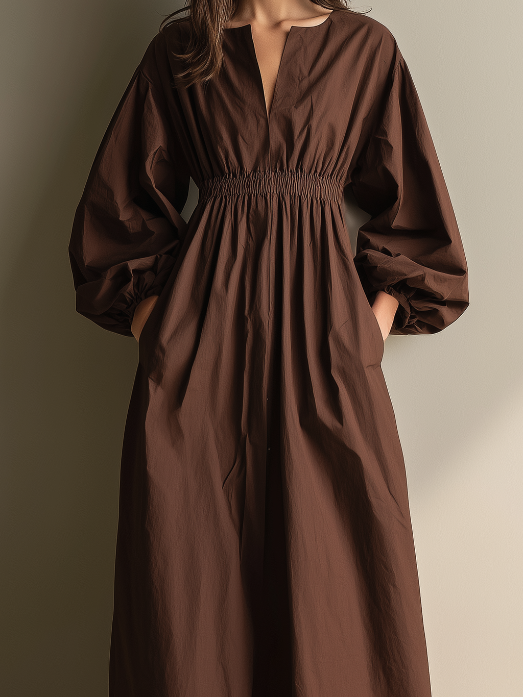 Cotton Linen Maxi Dress with Elastic Waist and Puff Sleeves