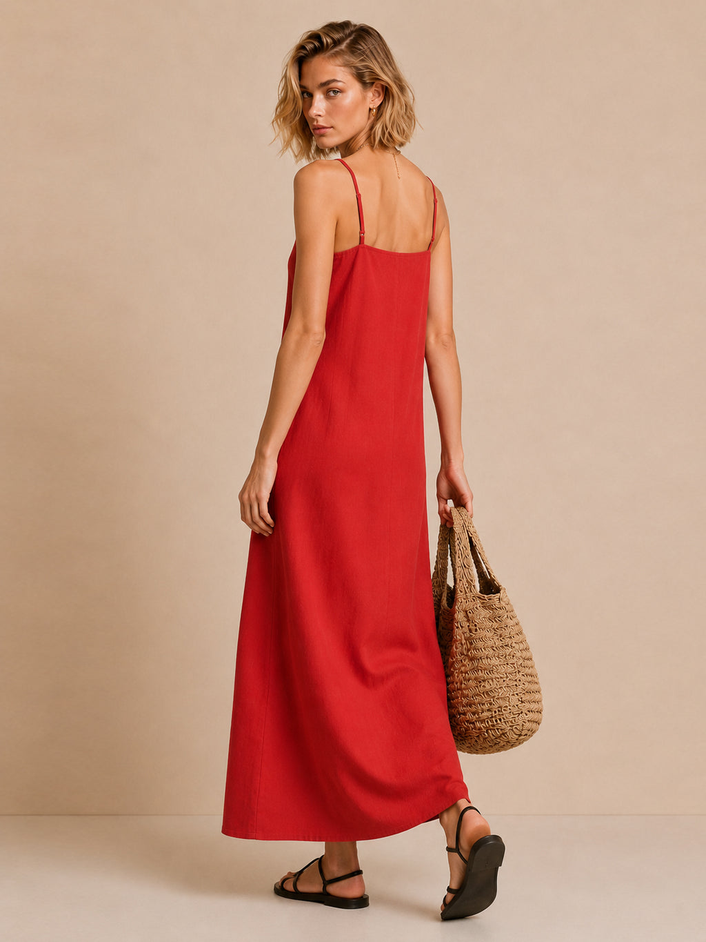 Red Linen-Blend Maxi Dress with Spaghetti Straps – Effortless Summer Elegance