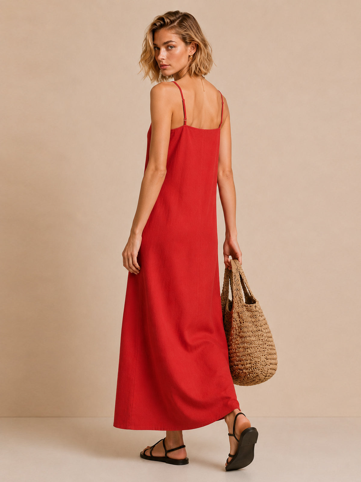 Red Linen-Blend Maxi Dress with Spaghetti Straps – Effortless Summer Elegance