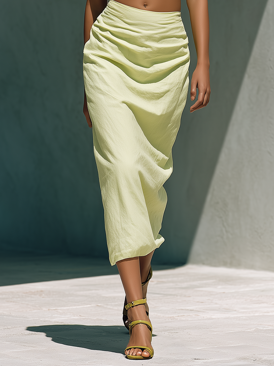 Lightweight Linen Two-Piece Set with Puff Sleeve Crop Top and Draped Midi Skirt