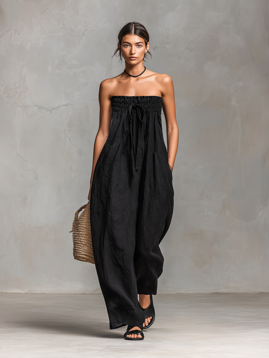 Linen Strapless Maxi Dress for Women - Boho Wide Leg Jumpsuit with Drawstring Waist and Side Pockets