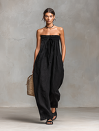 Abito lungo senza spalline in lino da donna - Tuta boho a gamba larga con coulisse in vita e tasche laterali