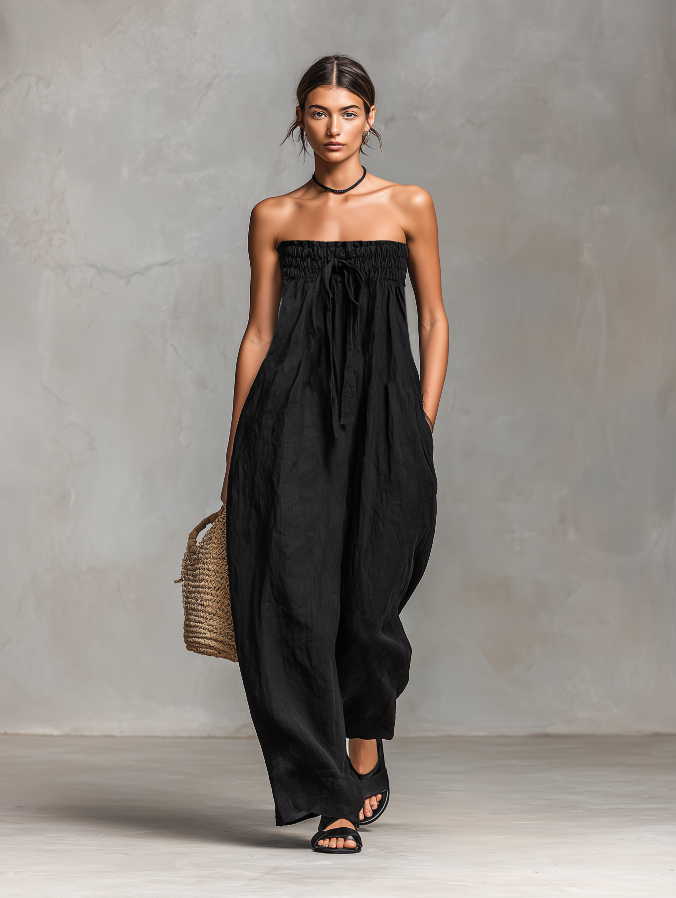 Linen Strapless Maxi Dress for Women - Boho Wide Leg Jumpsuit with Drawstring Waist and Side Pockets