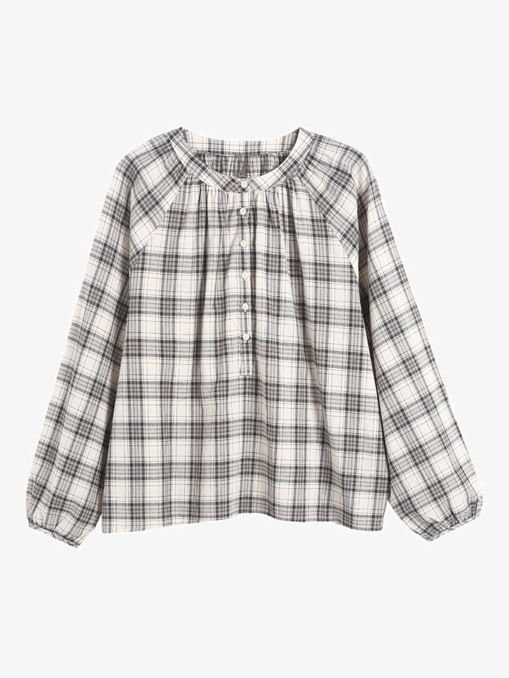 Gathered-Neck Plaid Blouse
