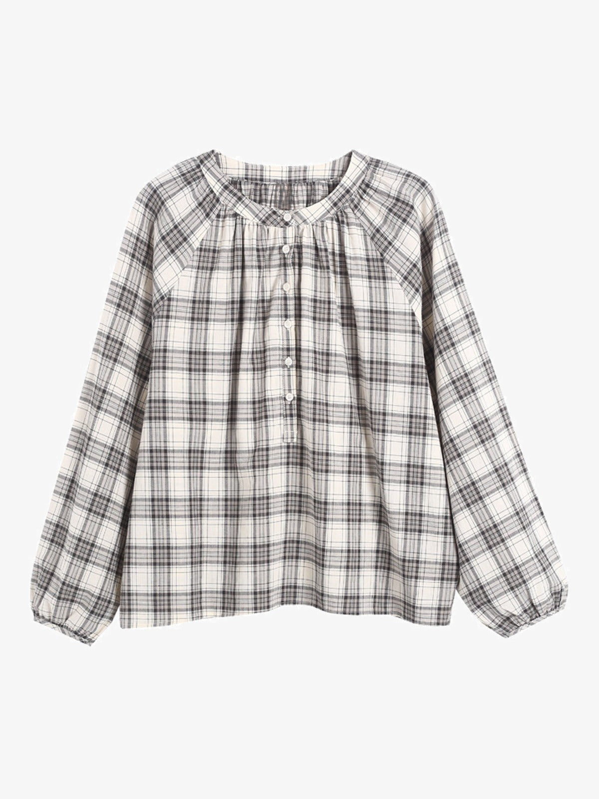 Gathered-Neck Plaid Blouse