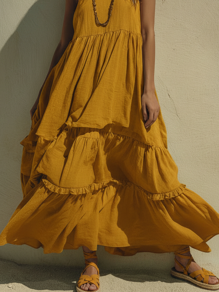 Linen Tiered Maxi Dress for Women - Boho Summer Beach Long Sleeveless Flowy Dress with Ruffles and Side Pockets