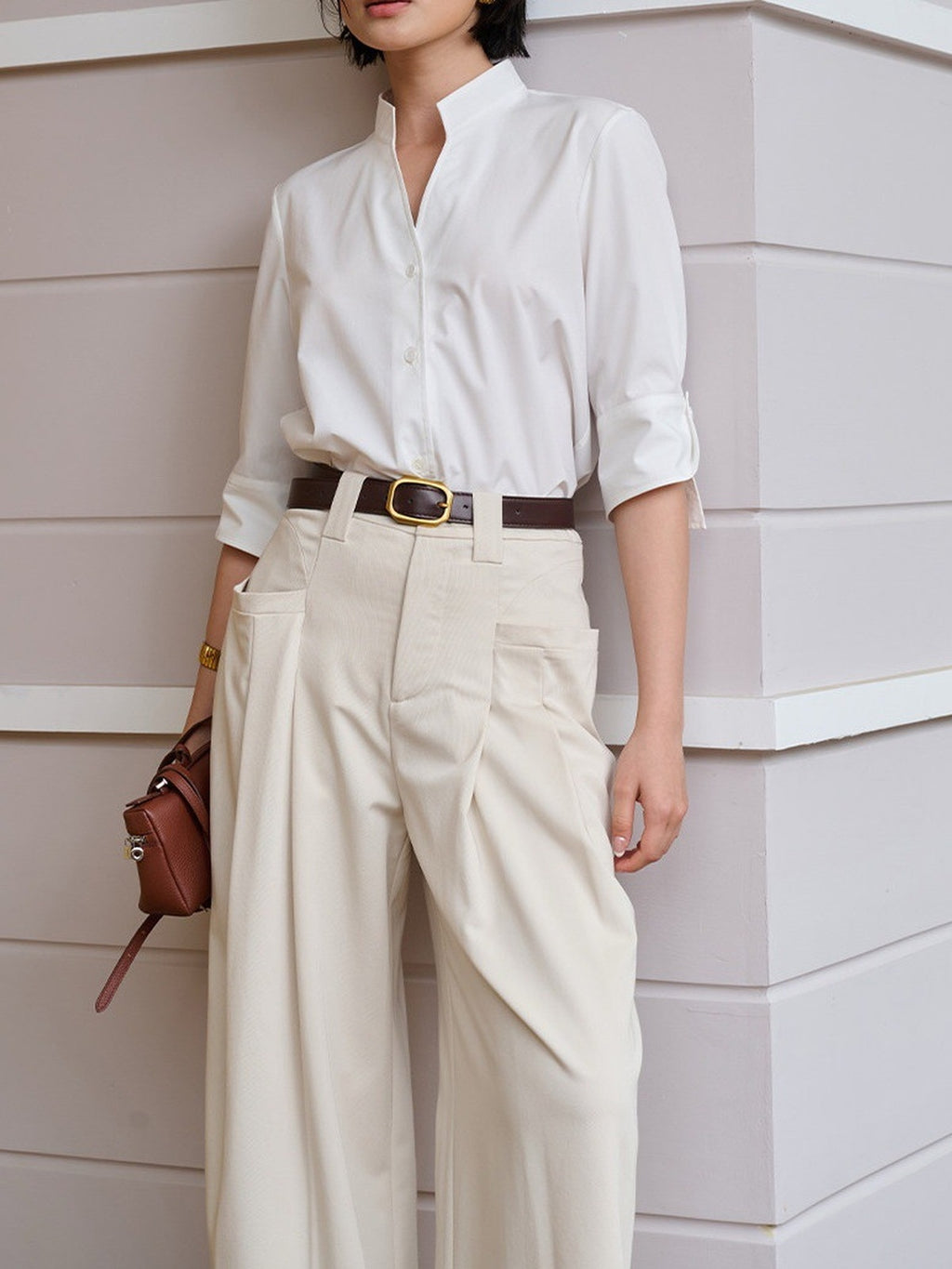 Band-Collar Button-Front Blouse