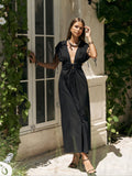 Deep V Neck Lace Up Backless Midi Dress