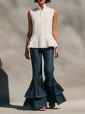 Cotton Linen Sleeveless Peplum Top with Flared Hem and High Collar