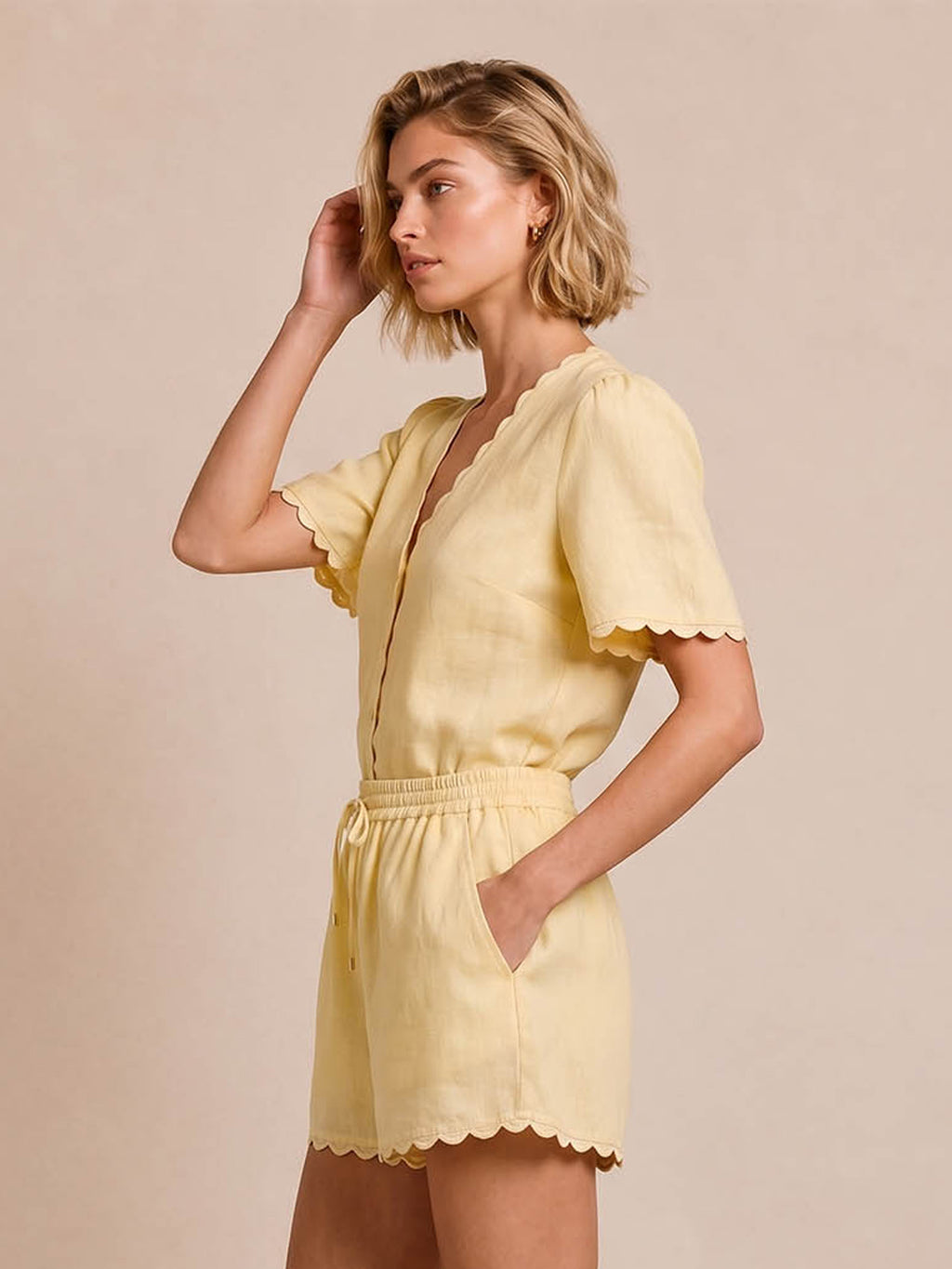 Linen-Blend Scalloped Trim Romper with V-Neck & Elastic Waist