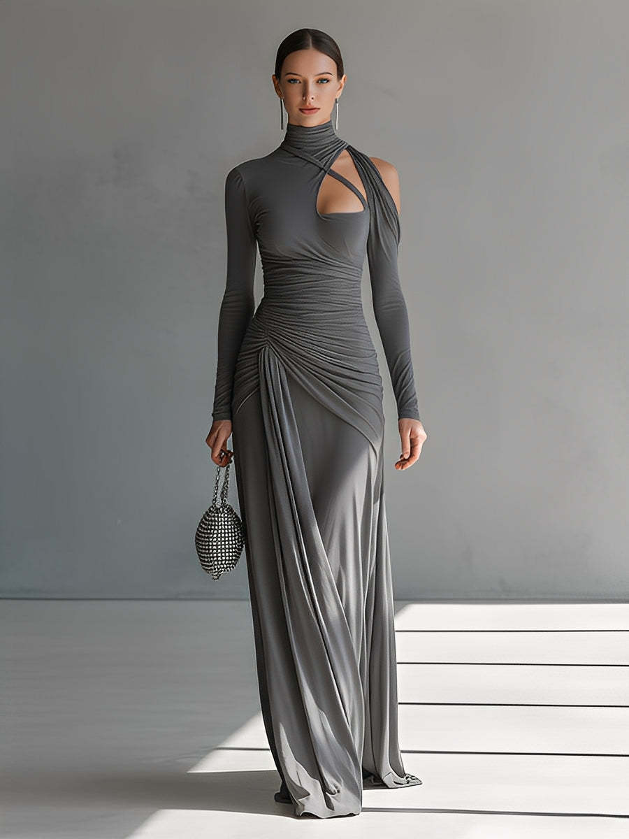 Stretch Knit Long Sleeve High Neck Draped Maxi Dress with Cut-Out Detail
