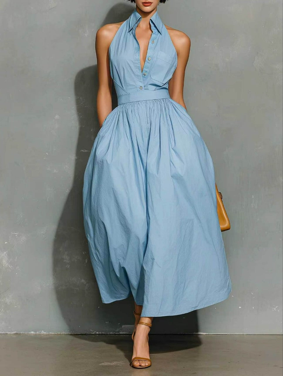 Halter Shirt Collar Fitted Waist Flowy Midi Dress