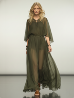 Chiffon Maxikleid für Damen – Fließendes Boho-Sommerkleid mit langen Ärmeln, Bindedetail am Ausschnitt und weitem Bein