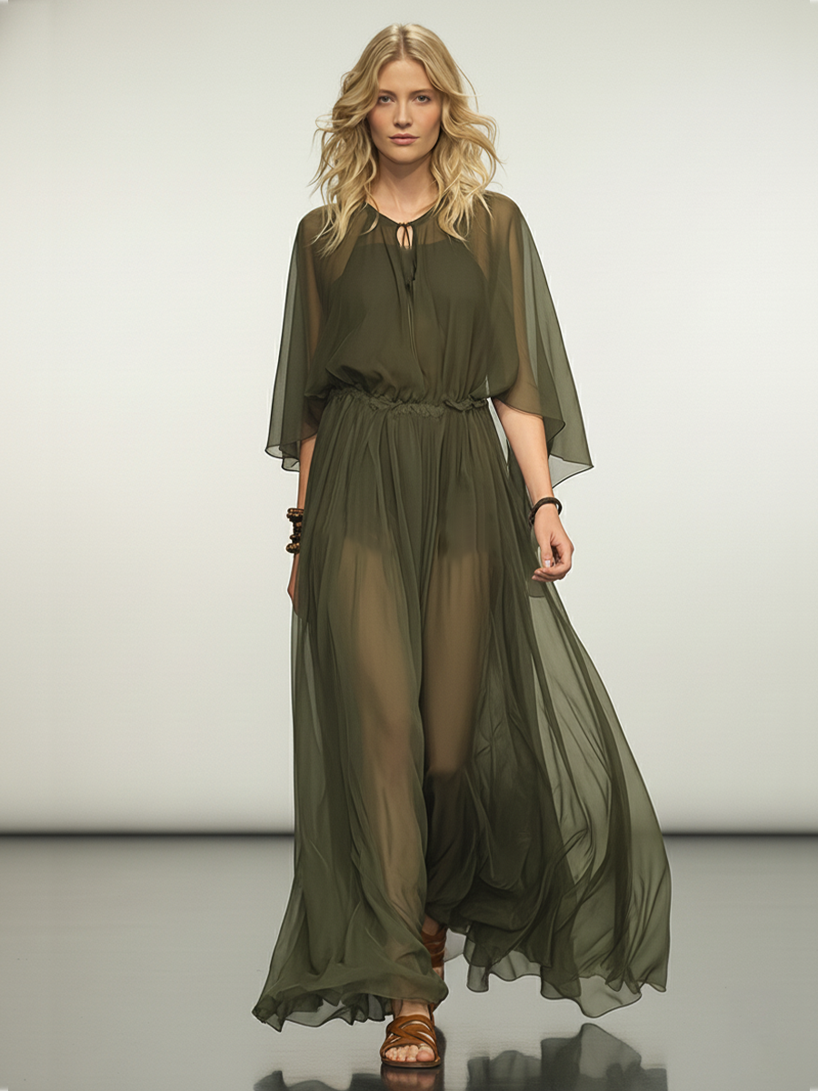 Chiffon Maxi Dress for Women - Flowy Long Sleeve Boho Summer Dress with Tie Neck and Wide Leg Pants