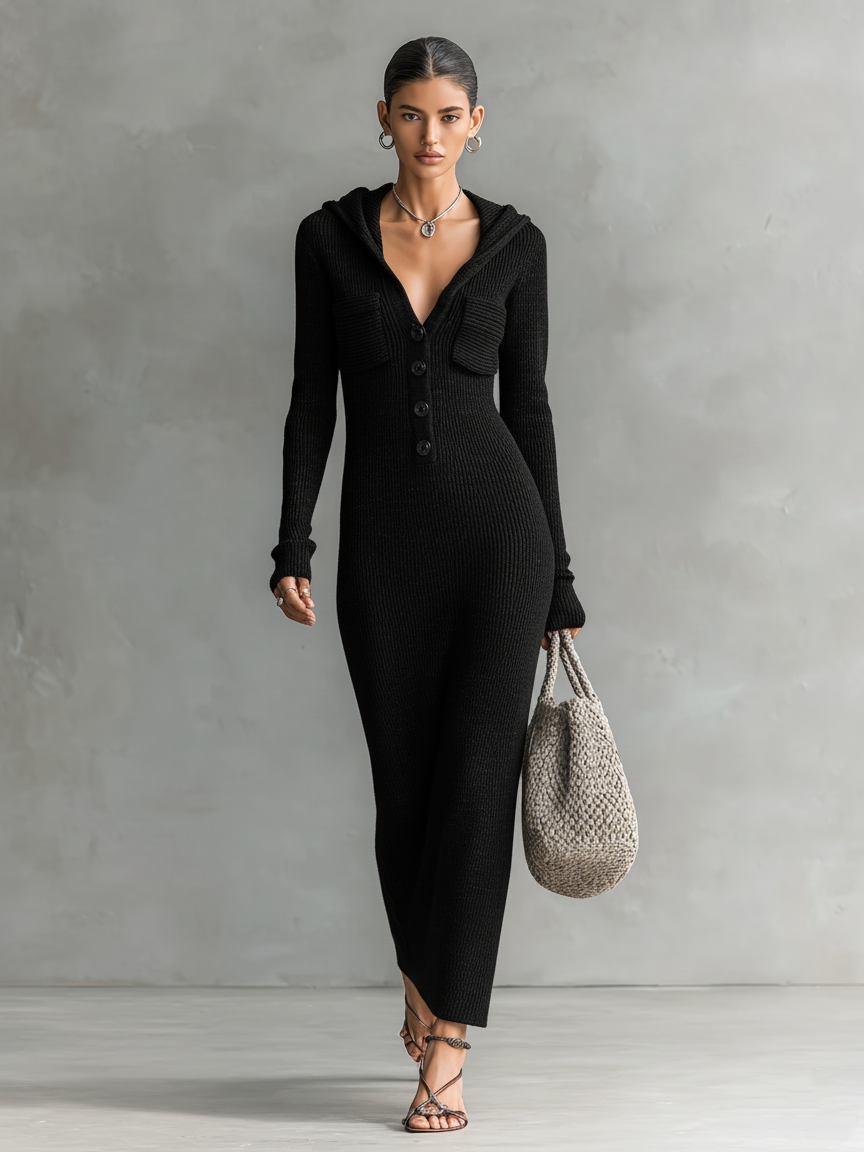 Ribbed Knit Hooded Long Sleeve Midi Dress with Button Front and Pockets