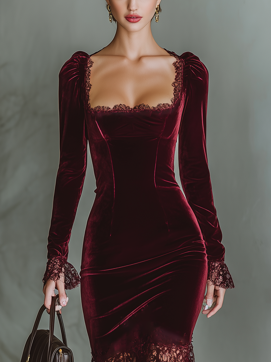Velvet Lace Midi Dress with Long Sleeves and Square Neckline for Women Elegant Evening Party Dress