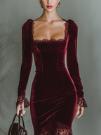 Robe midi en dentelle de velours à manches longues et encolure carrée pour femme, élégante robe de soirée