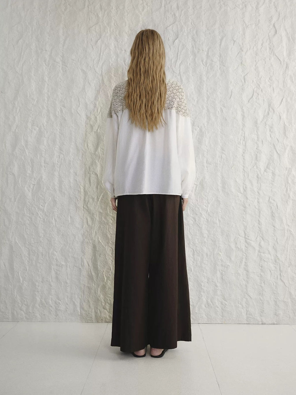 Crochet-Yoke Long-Sleeve Blouse