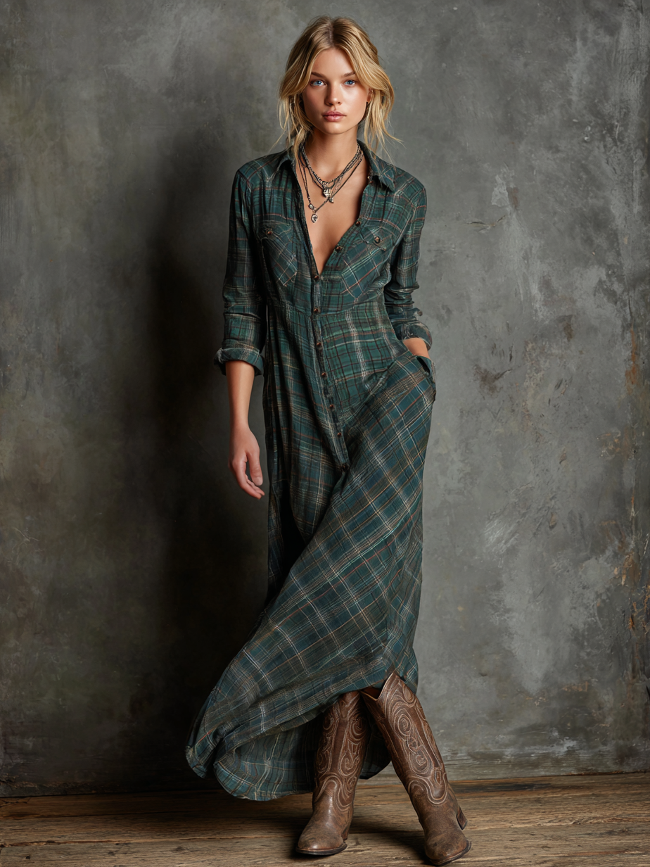 Cotton Plaid Long Shirt Dress with Button-Down Front and Deep V-Neckline