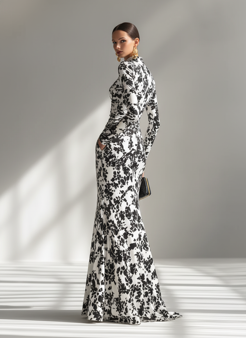 Elegant Black and White Floral Print Long Sleeve Mermaid Gown in Stretch Crepe Fabric for Formal Events