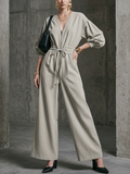 Cotton Blend Wide Leg Jumpsuit with Deep V-Neck and Drawstring Waist