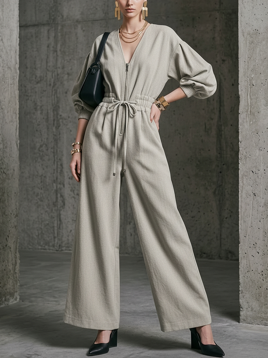 Cotton Blend Wide Leg Jumpsuit with Deep V-Neck and Drawstring Waist
