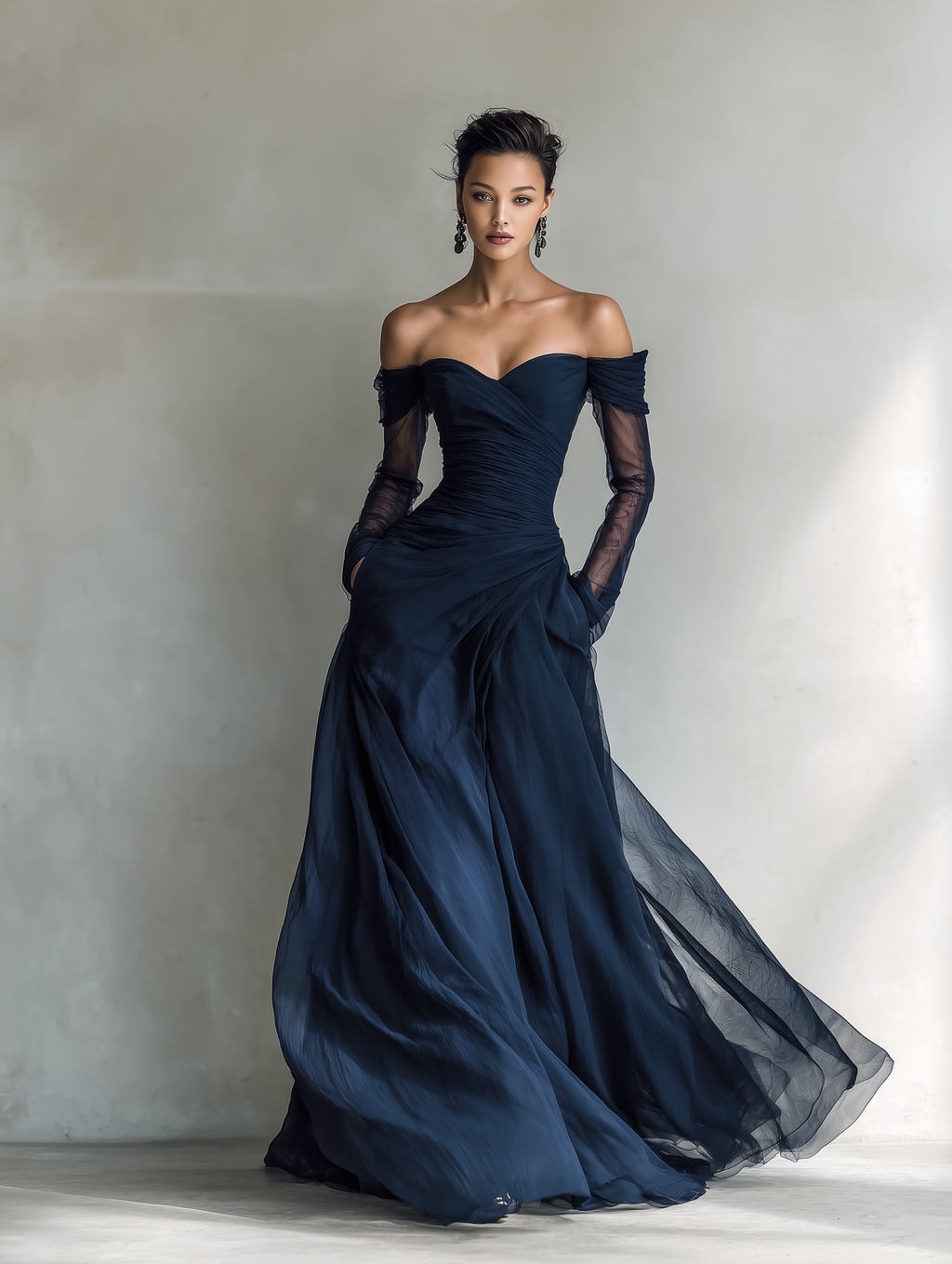 Chiffon Off-Shoulder Long Evening Gown with Sheer Sleeves and Ruched Bodice