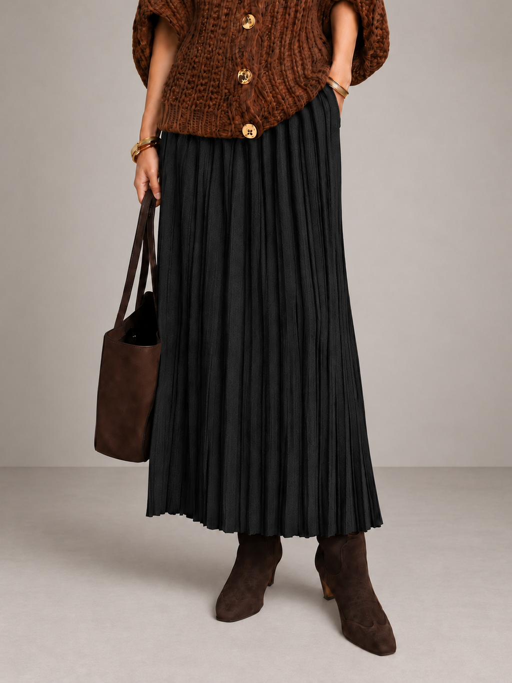 Flowy Pleated Knit Maxi Skirt