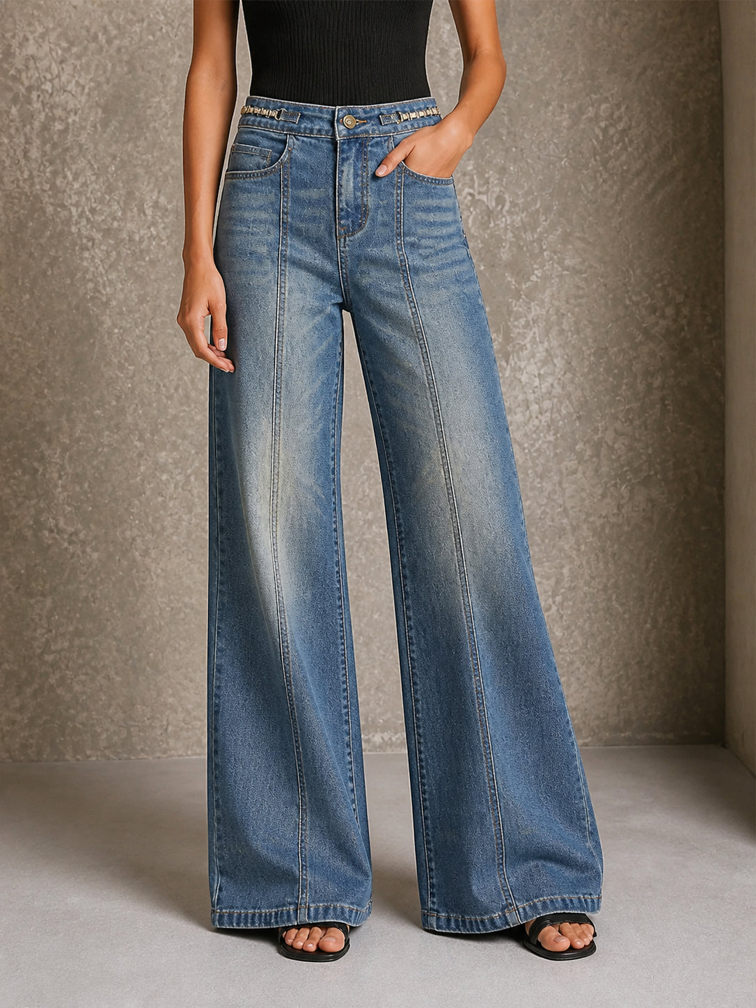 High-Waisted Vintage-Wash Seamed Flared Jeans