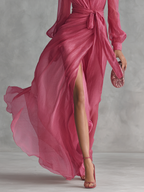 Vestido largo cruzado de gasa con escote en V profundo y abertura alta para mujer, elegante vestido de noche de manga larga