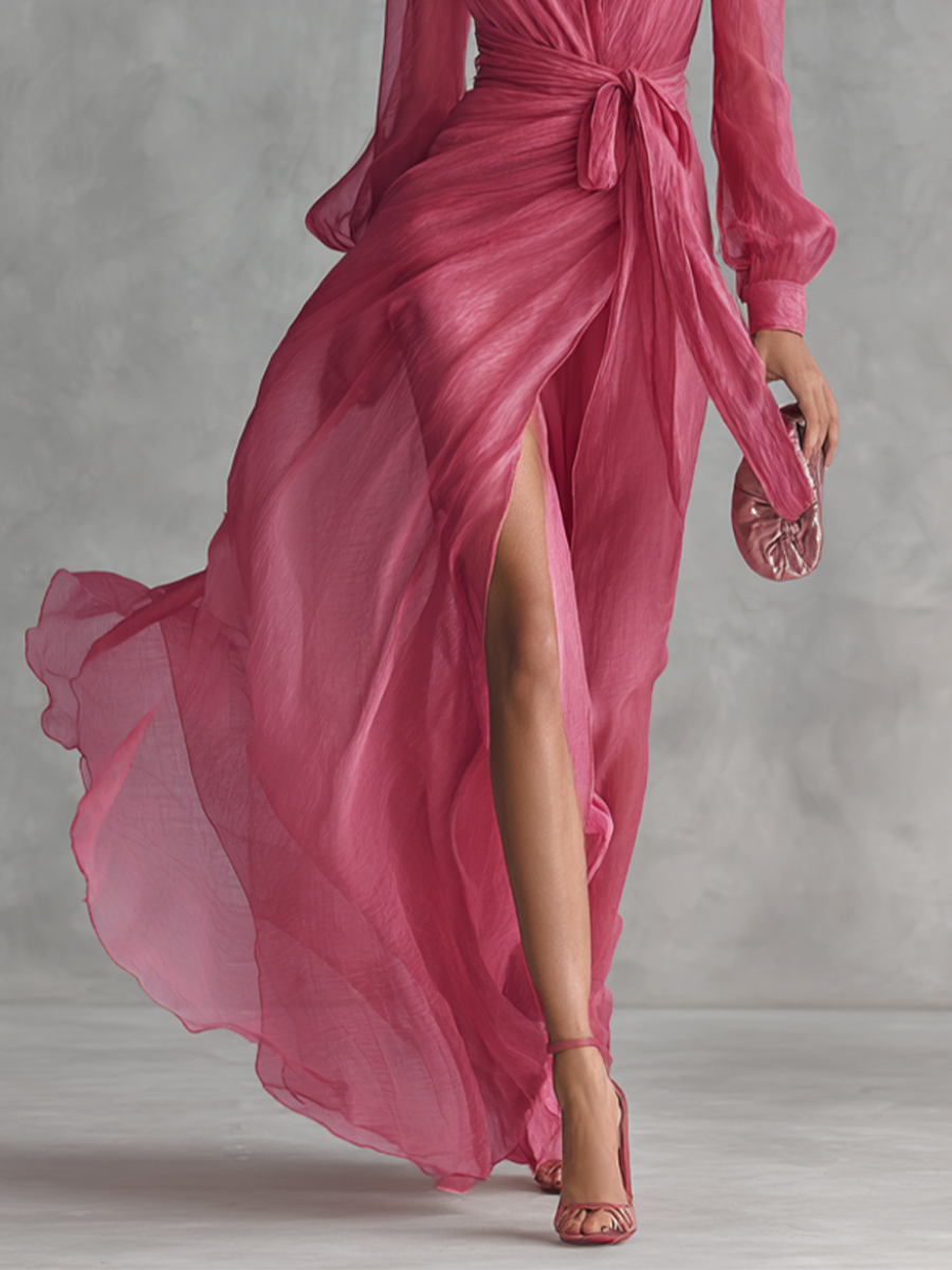 Chiffon Wrap Maxi Dress with Deep V-Neck and High Slit for Women Elegant Long Sleeve Evening Gown