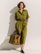Damen Jumpsuit aus Baumwolle und Leinen in Olivgrün mit Taschen und Gürtel