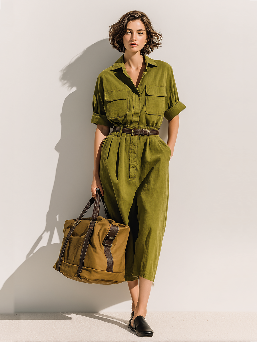 Cotton Linen Women's Olive Green Utility Jumpsuit with Pockets and Belted Waist