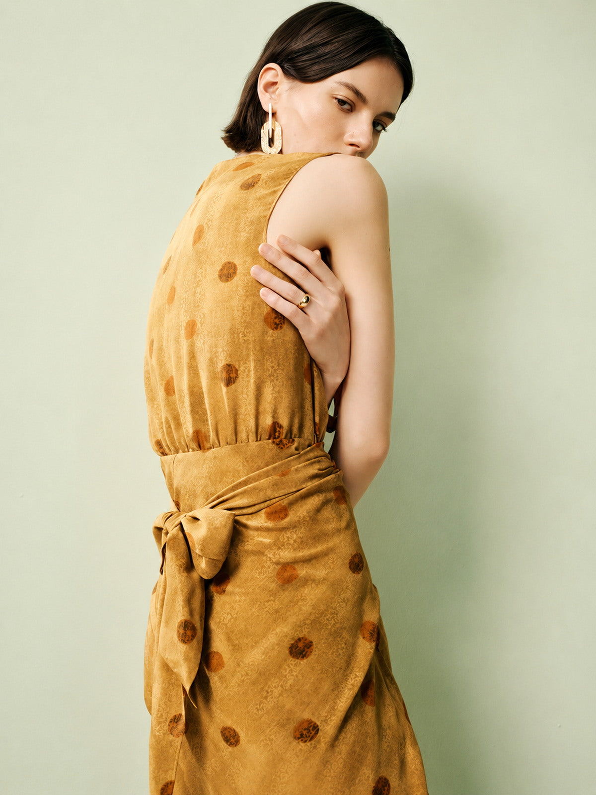 Polka Dot Tie-Waist Silk Satin Maxi Dress