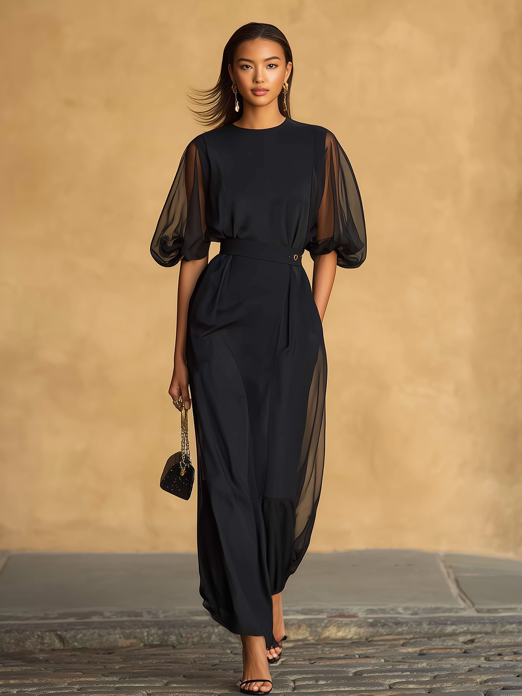 Elegant Two Piece Sheer Sleeve Top And Skirt Set