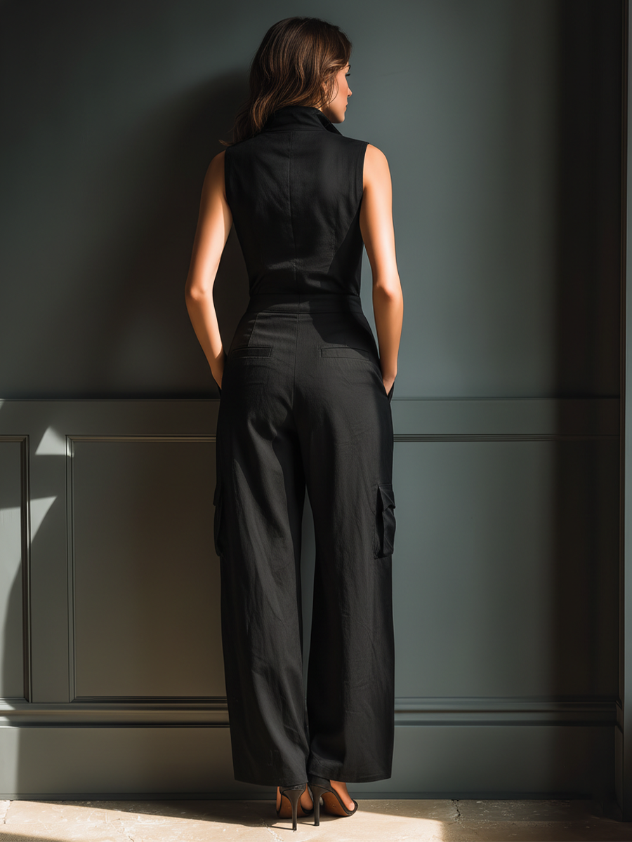 Cotton Blend Sleeveless Wide Leg Jumpsuit with Deep V-Neck and Cargo Pockets