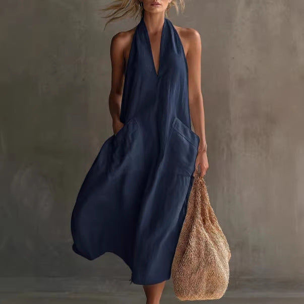 Halter Neck Linen Pocket Maxi Dress