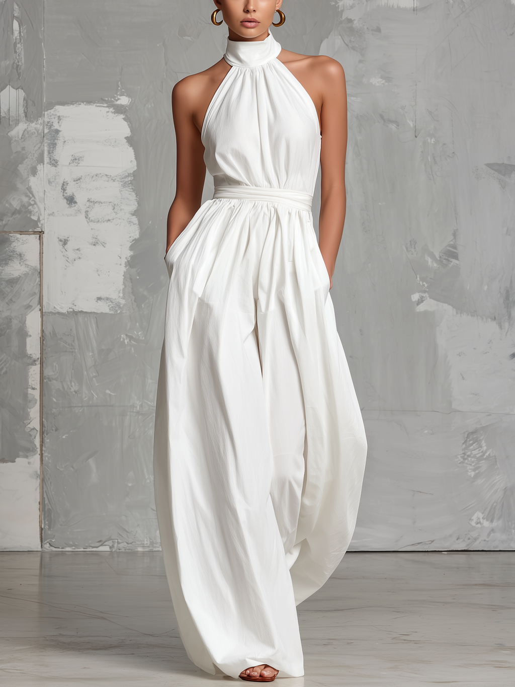 Cotton Linen Halter Neck Jumpsuit with High Waist and Wide Leg Design for Women