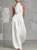 Cotton Linen Halter Neck Jumpsuit with High Waist and Wide Leg Design for Women