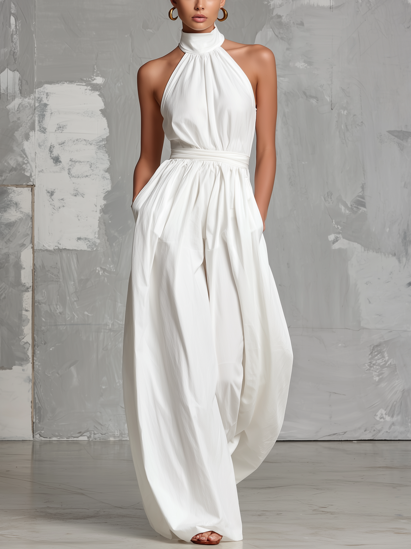 Cotton Linen Halter Neck Jumpsuit with High Waist and Wide Leg Design for Women