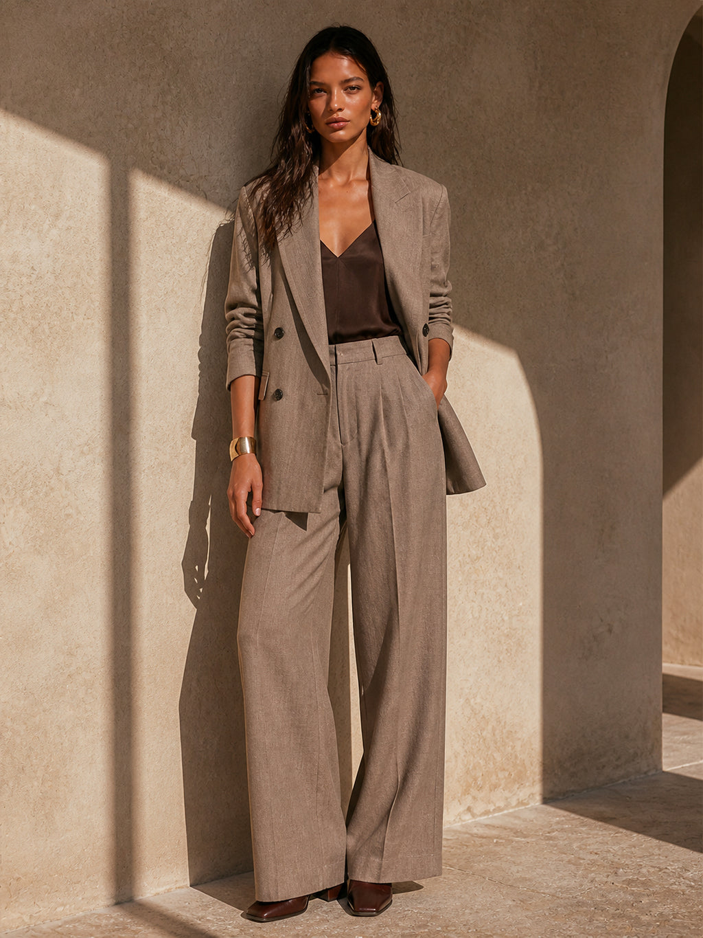 Double-Breasted Blazer Wide-Leg Trousers Set