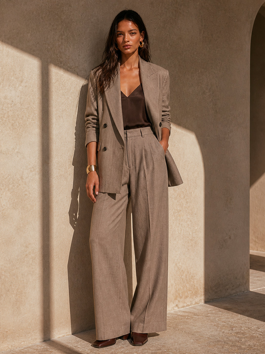 Double-Breasted Blazer Wide-Leg Trousers Set