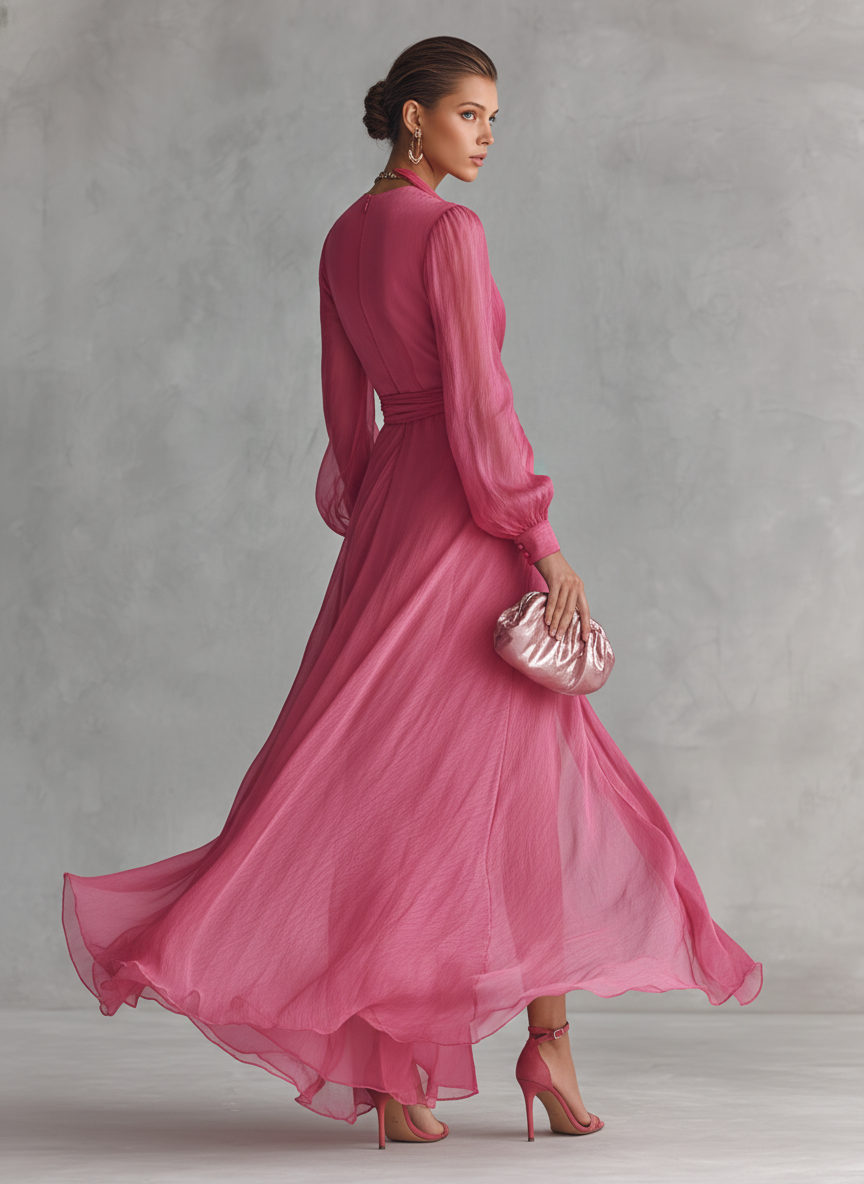 Chiffon Wrap Maxi Dress with Deep V-Neck and High Slit for Women Elegant Long Sleeve Evening Gown