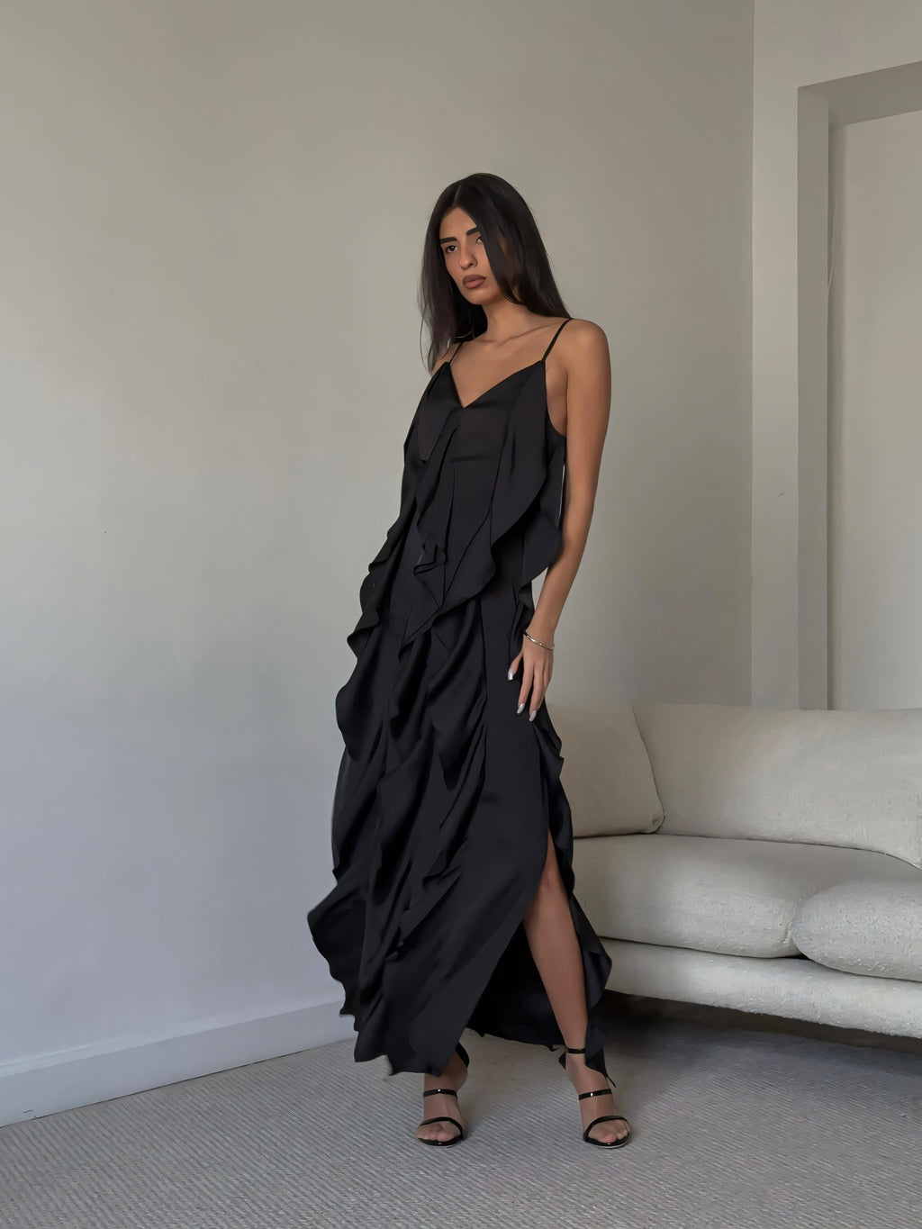 Ruffle V Neck Slit Camisole Midi Dress