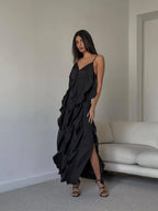 Ruffle V Neck Slit Camisole Midi Dress