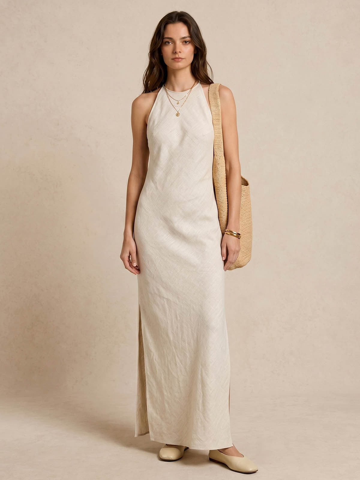 Sleeveless Side Slit Linen Dress